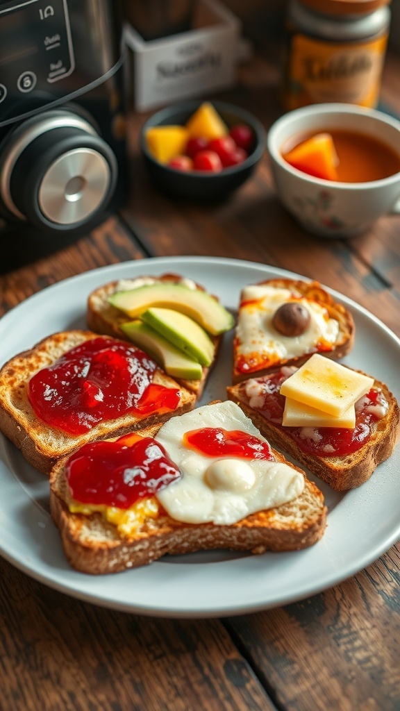 A plate of crispy air fryer toast with various toppings, including avocado, jam, and cheese, in a rustic kitchen setting.